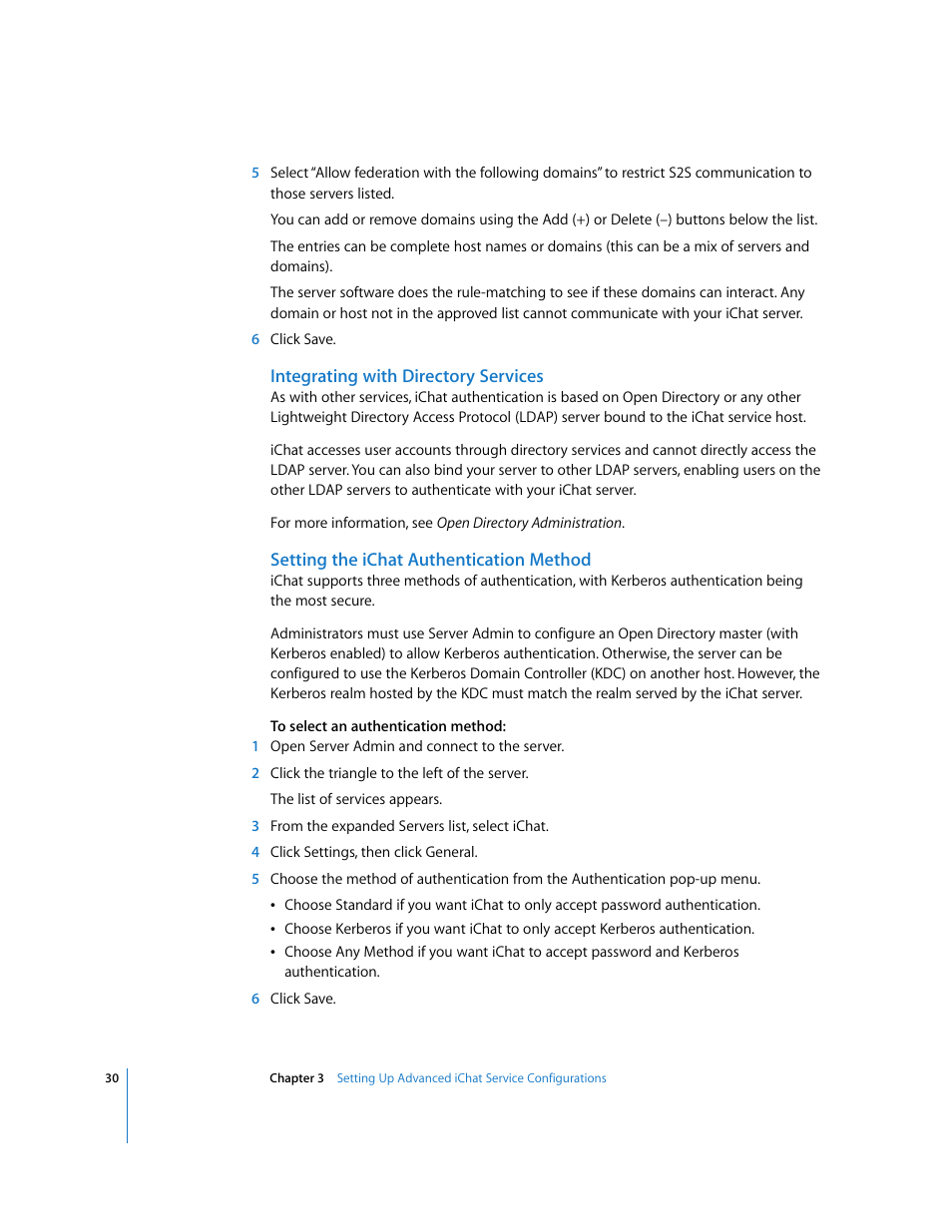 Integrating with directory services, Setting the ichat authentication method | Apple Mac OS User Manual | Page 30 / 42