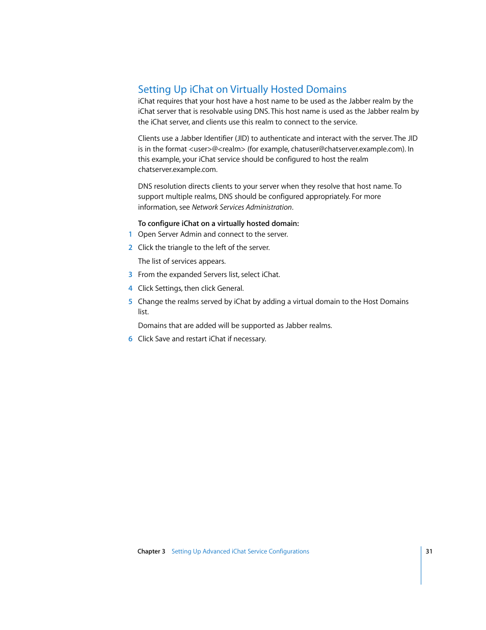 Setting up ichat on virtually hosted domains | Apple Mac OS User Manual | Page 31 / 42
