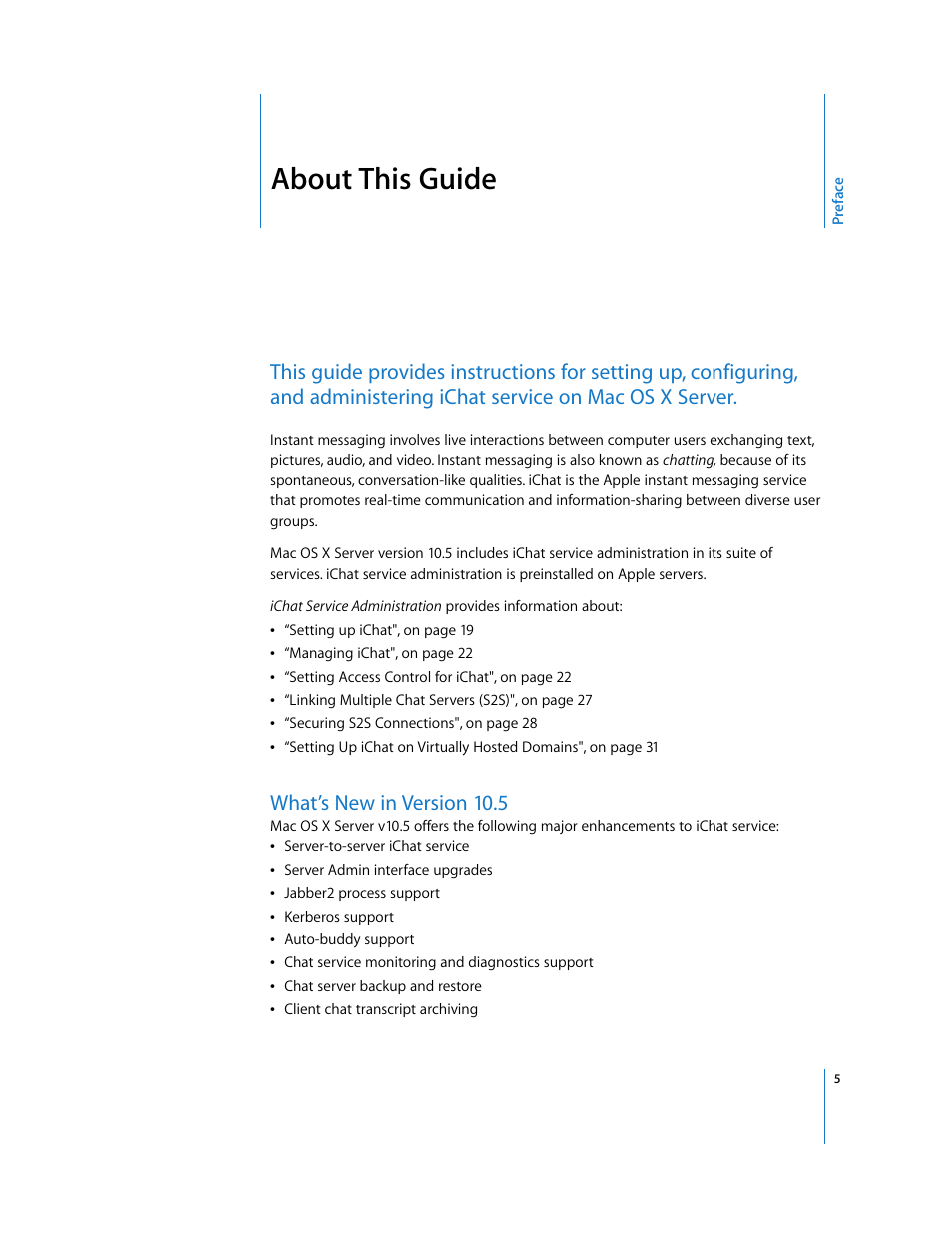 About this guide, What’s new in version 10.5, Preface | Apple Mac OS User Manual | Page 5 / 42