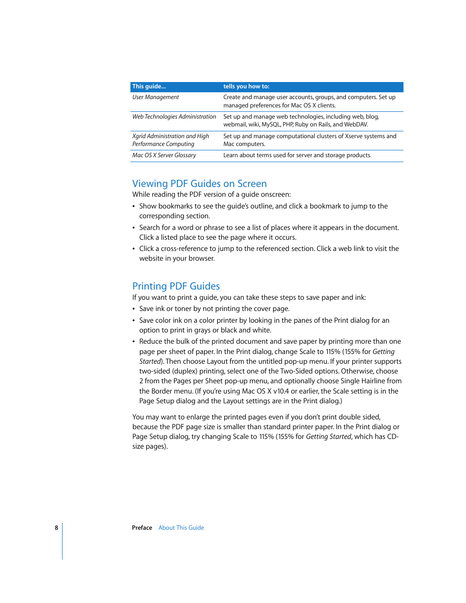 Viewing pdf guides on screen, Printing pdf guides | Apple Mac OS User Manual | Page 8 / 42