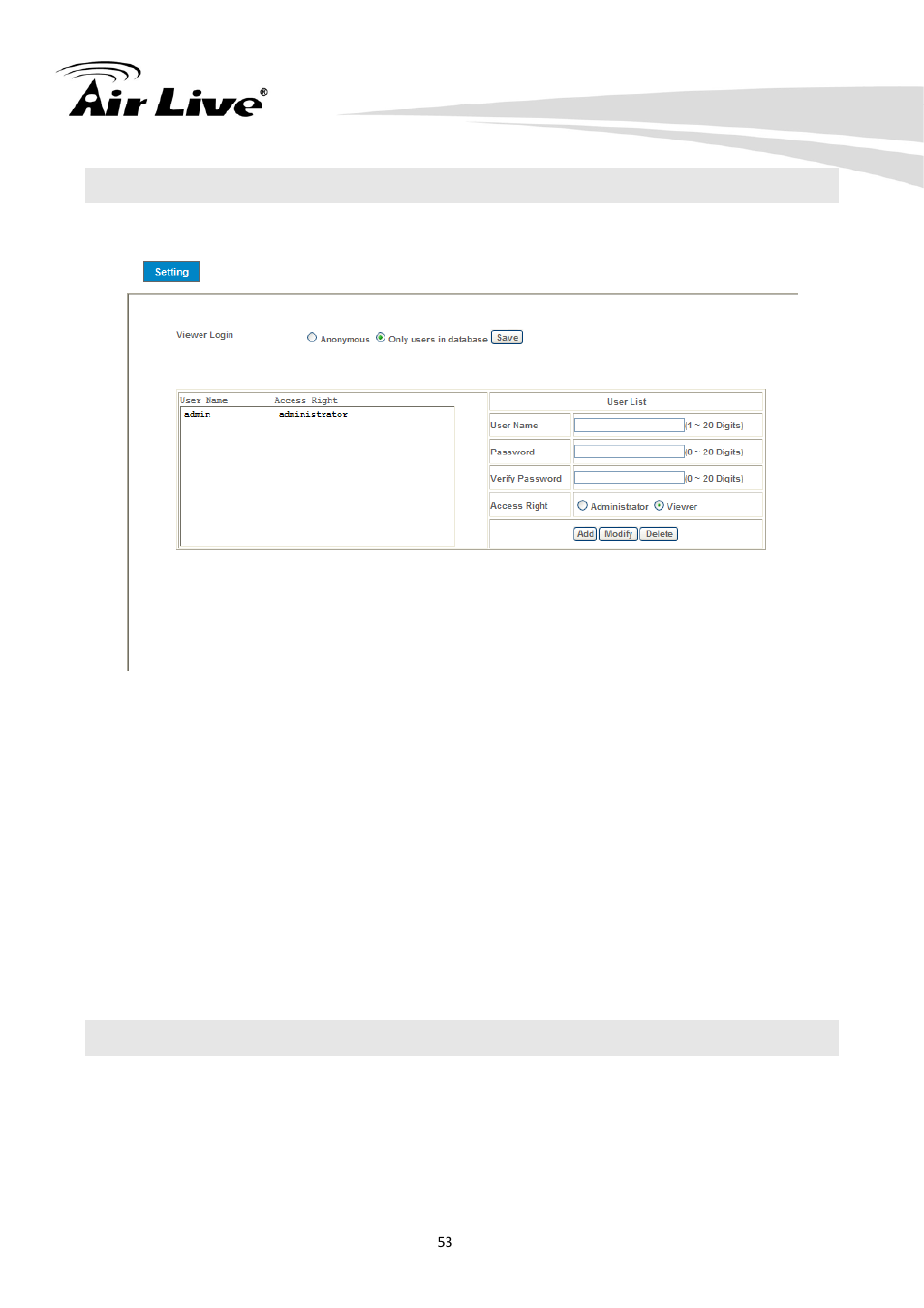 7 manage user name, password and login privilege, 8 e-mail, Manage user name, password and login privilege | E-mail | AirLive CW-720 User Manual | Page 58 / 99