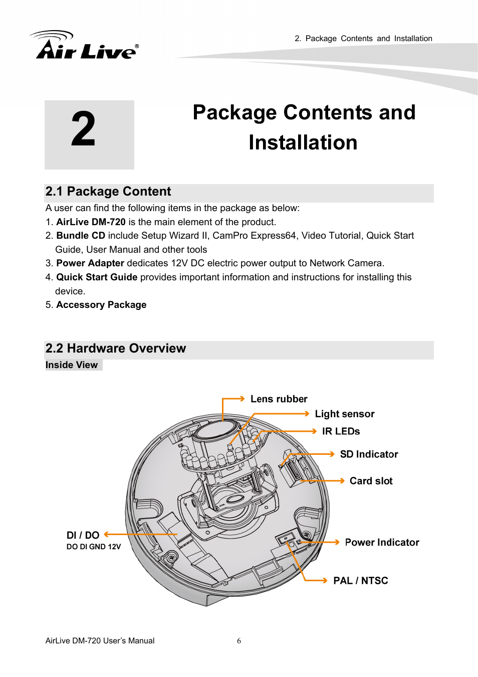 Package contents and installation, 1 package content, 2 hardware overview | AirLive DM-720 User Manual | Page 11 / 61