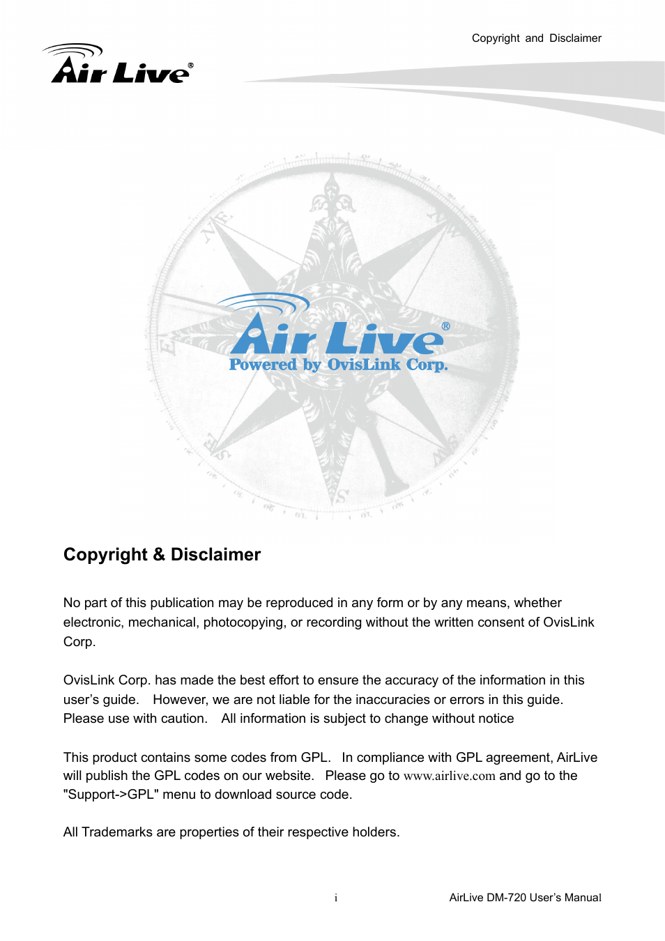 Copyright & disclaimer | AirLive DM-720 User Manual | Page 2 / 61