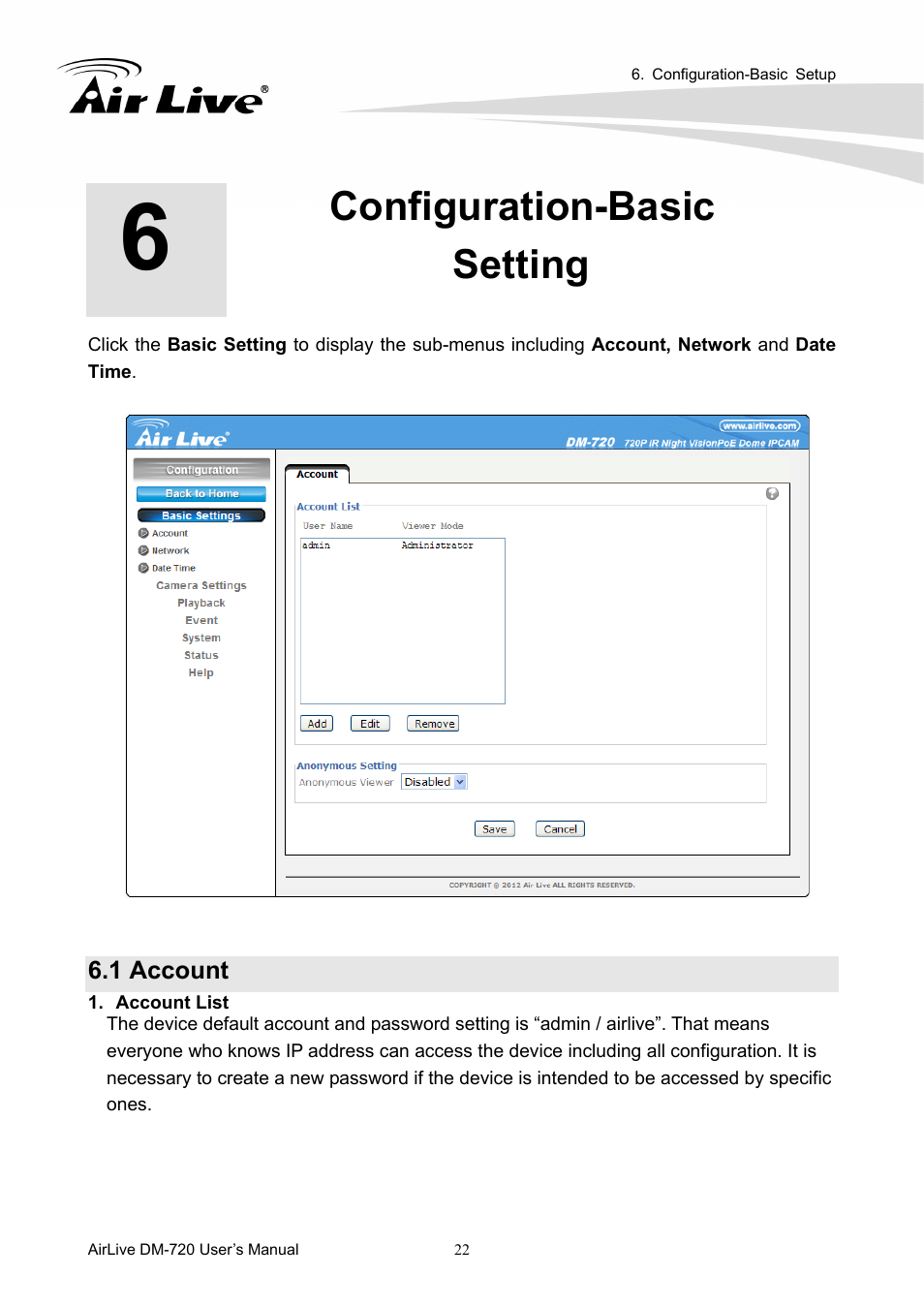 Configuration-basic setting, 1 account | AirLive DM-720 User Manual | Page 27 / 61