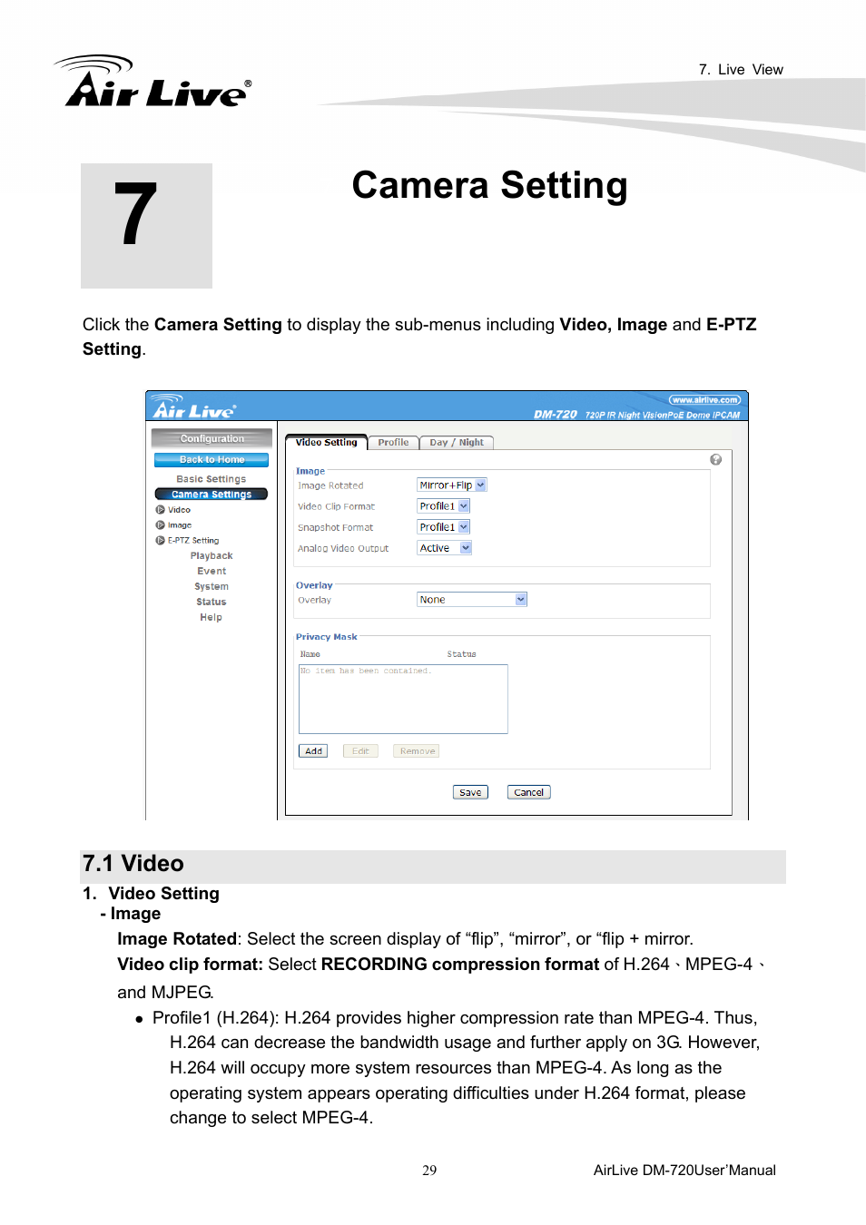 Camera setting, 1 video | AirLive DM-720 User Manual | Page 34 / 61