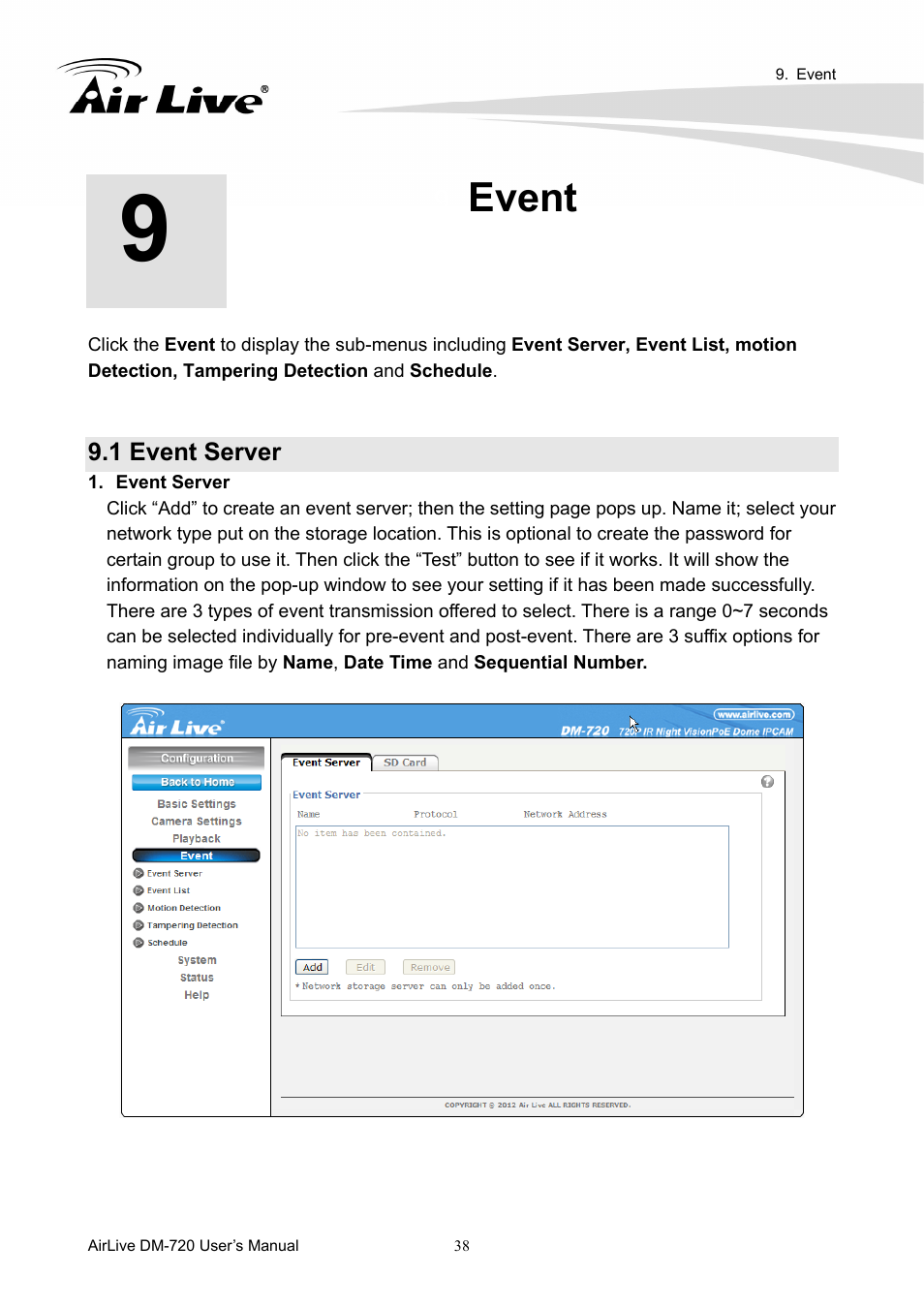 Event, 1 event server | AirLive DM-720 User Manual | Page 43 / 61