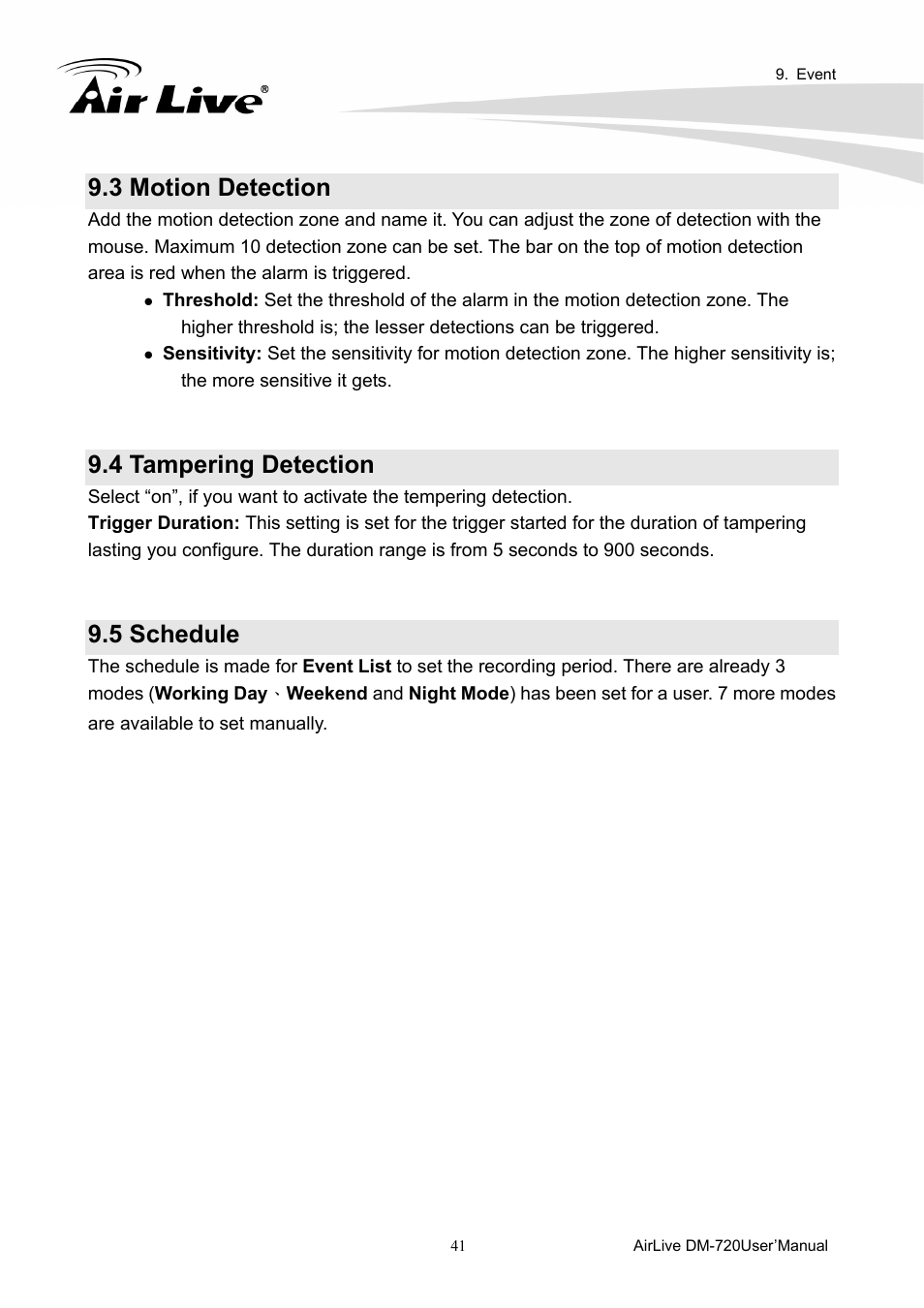 3 motion detection, 4 tampering detection, 5 schedule | AirLive DM-720 User Manual | Page 46 / 61