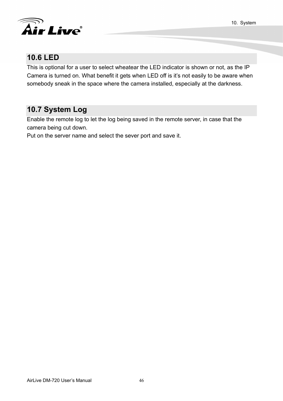 6 led, 7 system log | AirLive DM-720 User Manual | Page 51 / 61