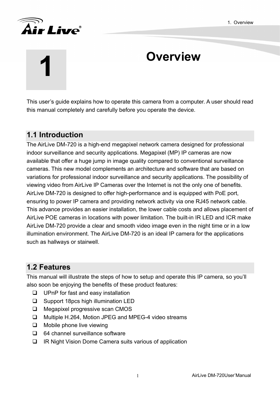 Overview, 1 introduction, 2 features | AirLive DM-720 User Manual | Page 6 / 61