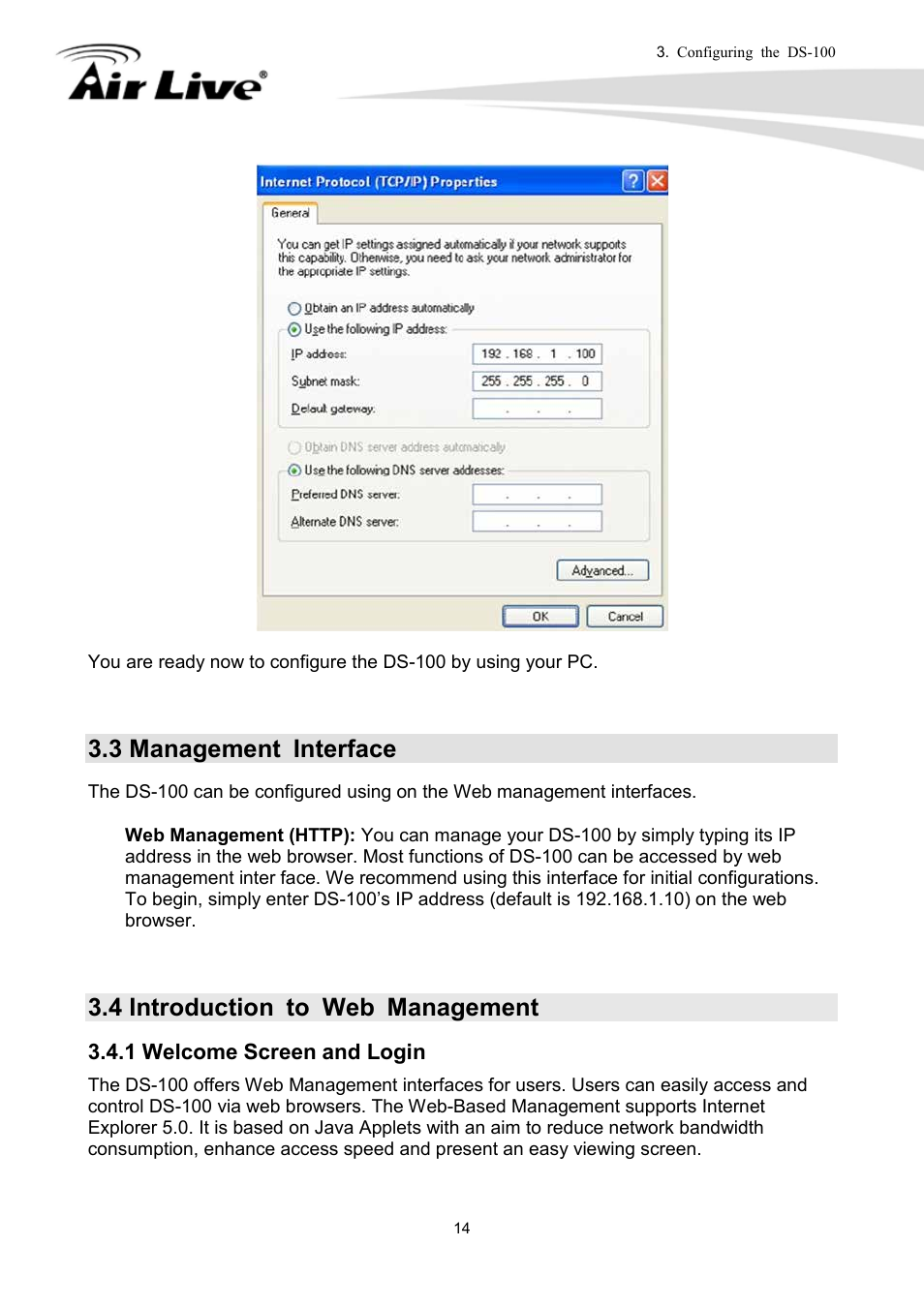 3 management interface, 4 introduction to web management, 1 welcome screen and login | AirLive DS-100 User Manual | Page 16 / 34