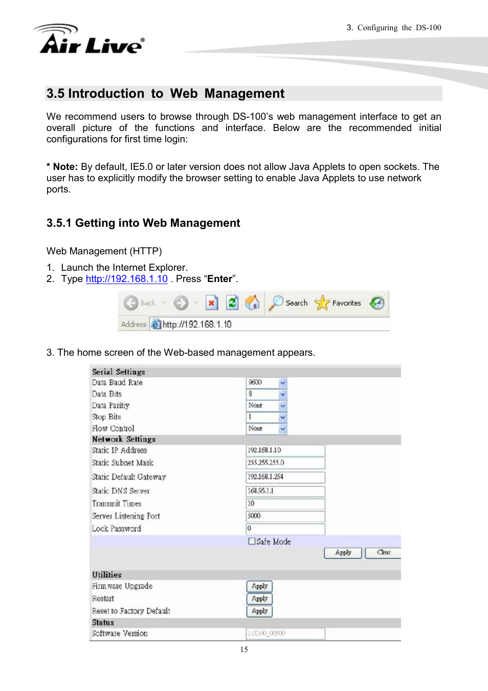 5 introduction to web management, 1 getting into web management | AirLive DS-100 User Manual | Page 17 / 34