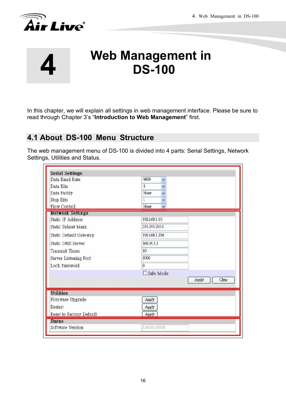 Web management in ds-100, 1 about ds-100 menu structure | AirLive DS-100 User Manual | Page 18 / 34