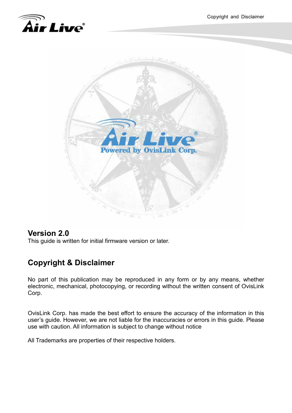 Version 2.0, Copyright & disclaimer | AirLive DS-100 User Manual | Page 2 / 34