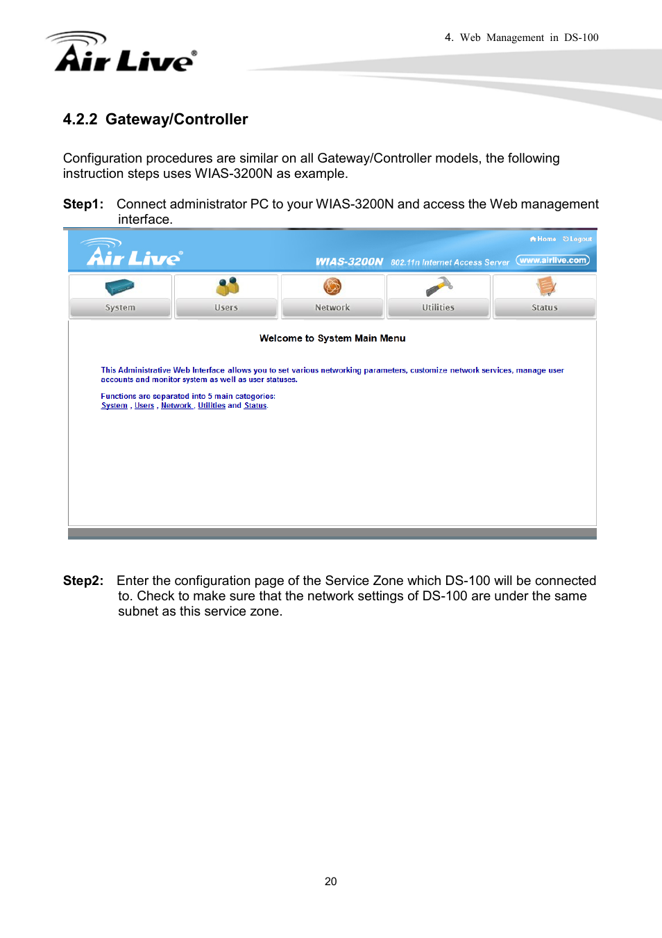 2 gateway/controller | AirLive DS-100 User Manual | Page 22 / 34