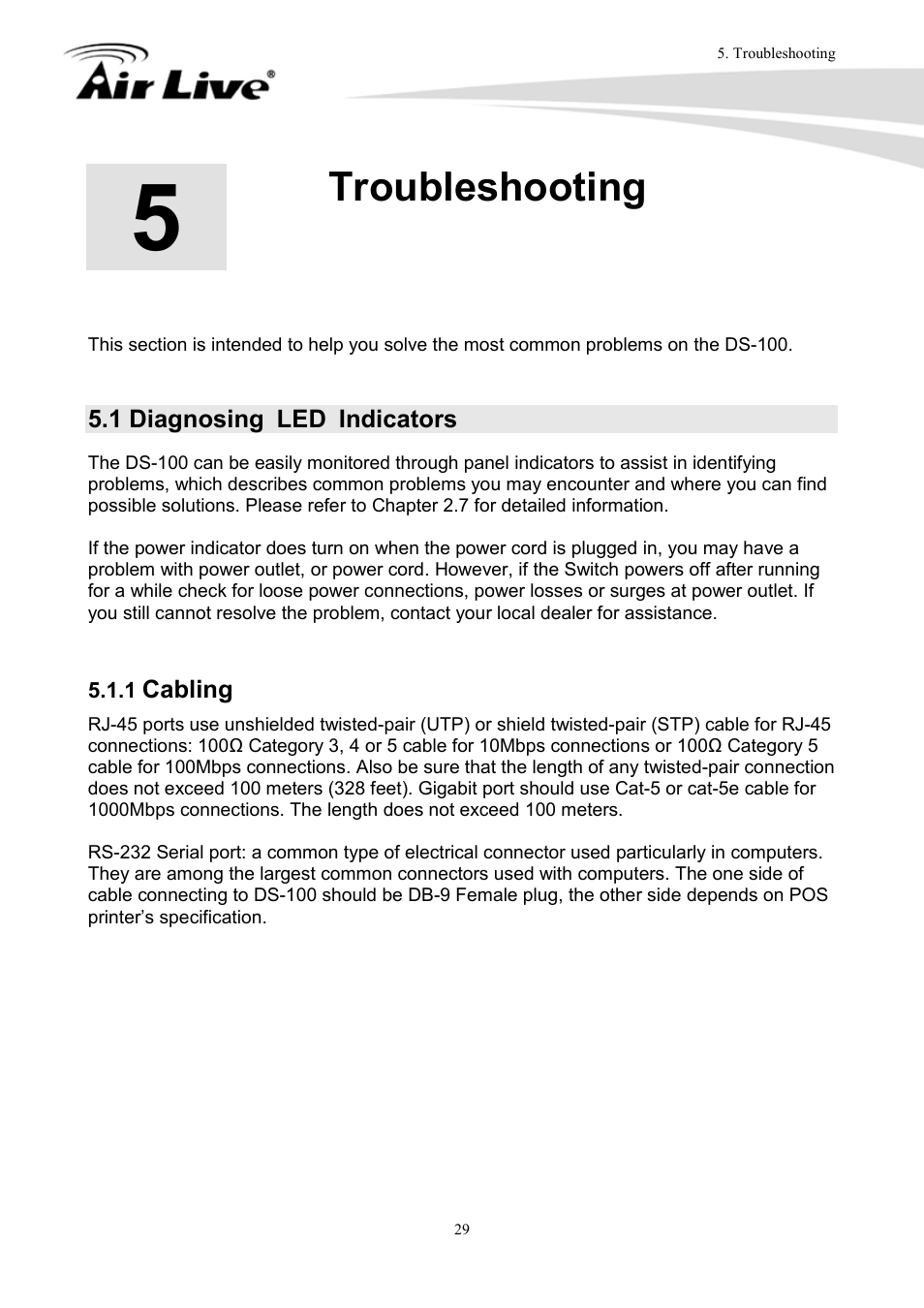Troubleshooting, 1 diagnosing led indicators, 1 cabling | Cabling | AirLive DS-100 User Manual | Page 31 / 34