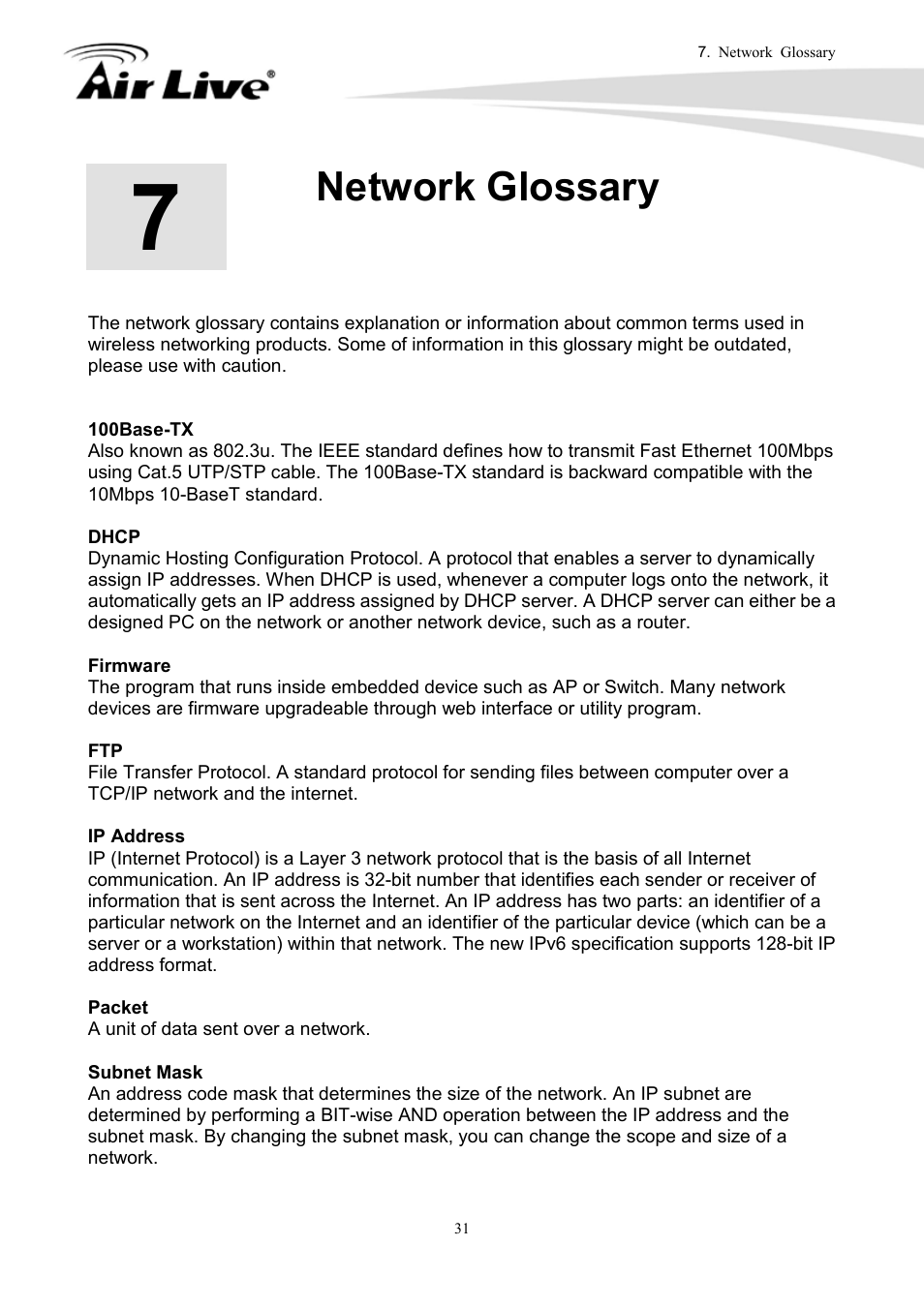 Network glossary | AirLive DS-100 User Manual | Page 33 / 34