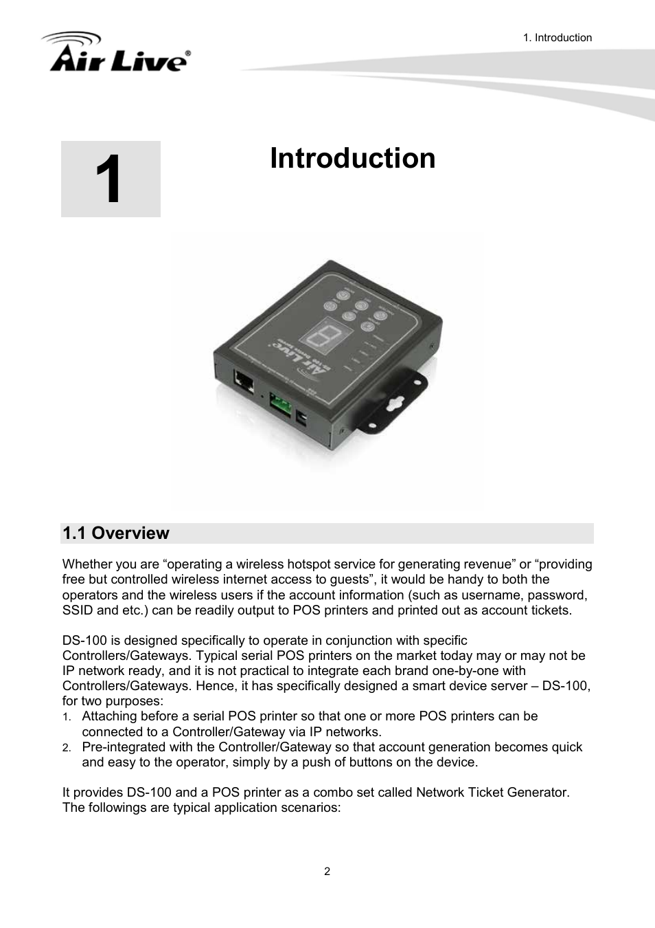 Introduction, 1 overview | AirLive DS-100 User Manual | Page 4 / 34