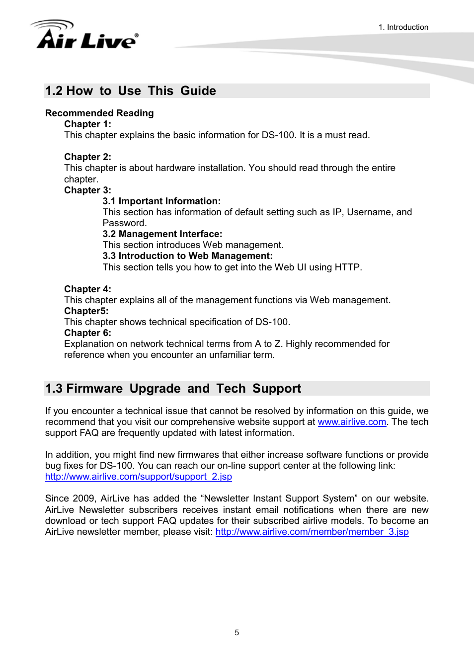 2 how to use this guide, 3 firmware upgrade and tech support | AirLive DS-100 User Manual | Page 7 / 34