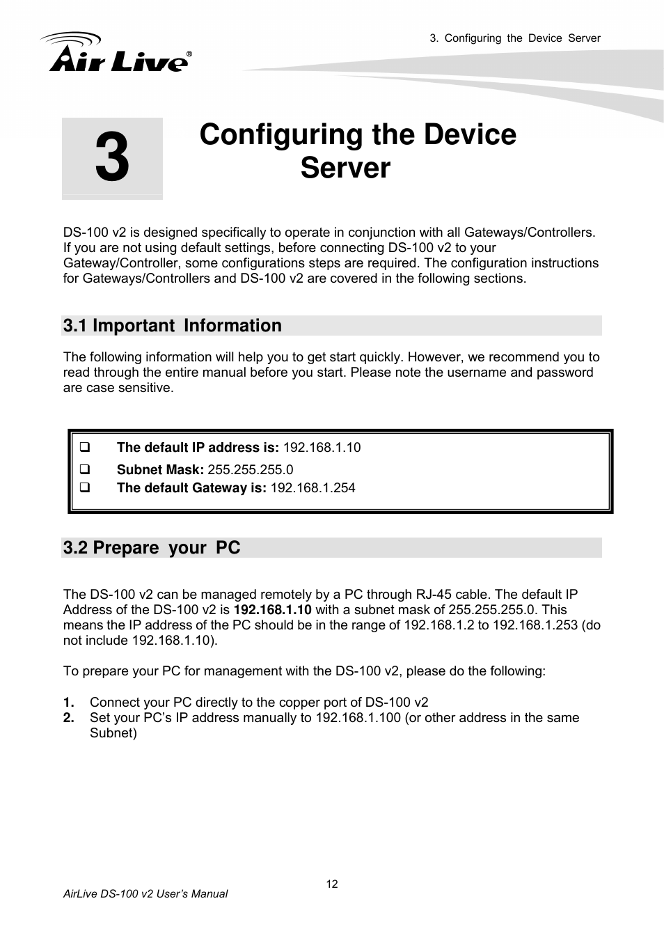 Configuring the deviceserver, 1 important information, 2 prepare your pc | Configuring the device server | AirLive DS-100 v2 User Manual | Page 15 / 36