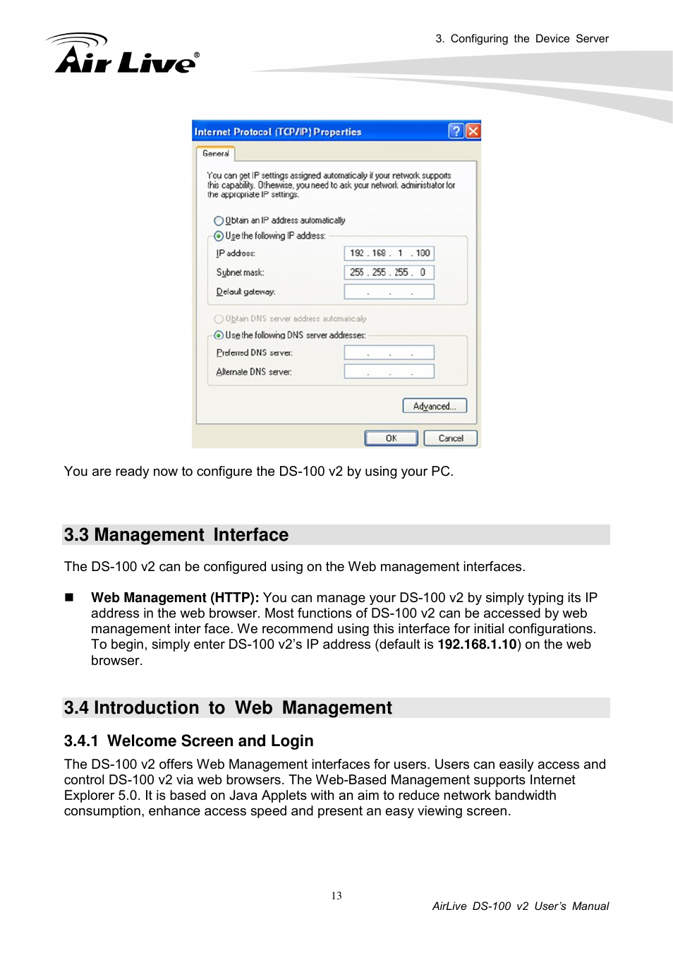 3 management interface, 4 introduction to web management, 1 welcome screen and login | AirLive DS-100 v2 User Manual | Page 16 / 36