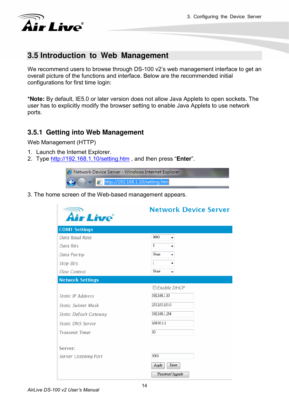 5 introduction to web management, 1 getting into web management | AirLive DS-100 v2 User Manual | Page 17 / 36