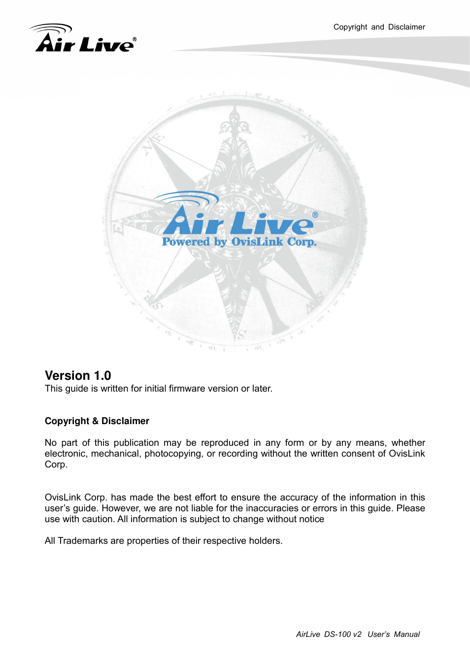 Version 1.0 | AirLive DS-100 v2 User Manual | Page 2 / 36