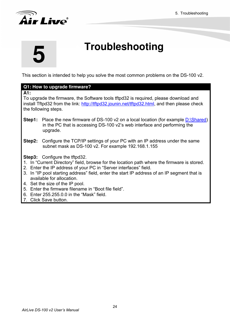 Troubleshooting | AirLive DS-100 v2 User Manual | Page 27 / 36