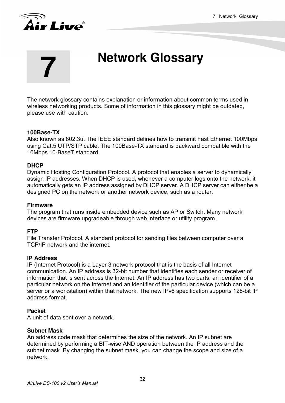 Network glossary | AirLive DS-100 v2 User Manual | Page 35 / 36