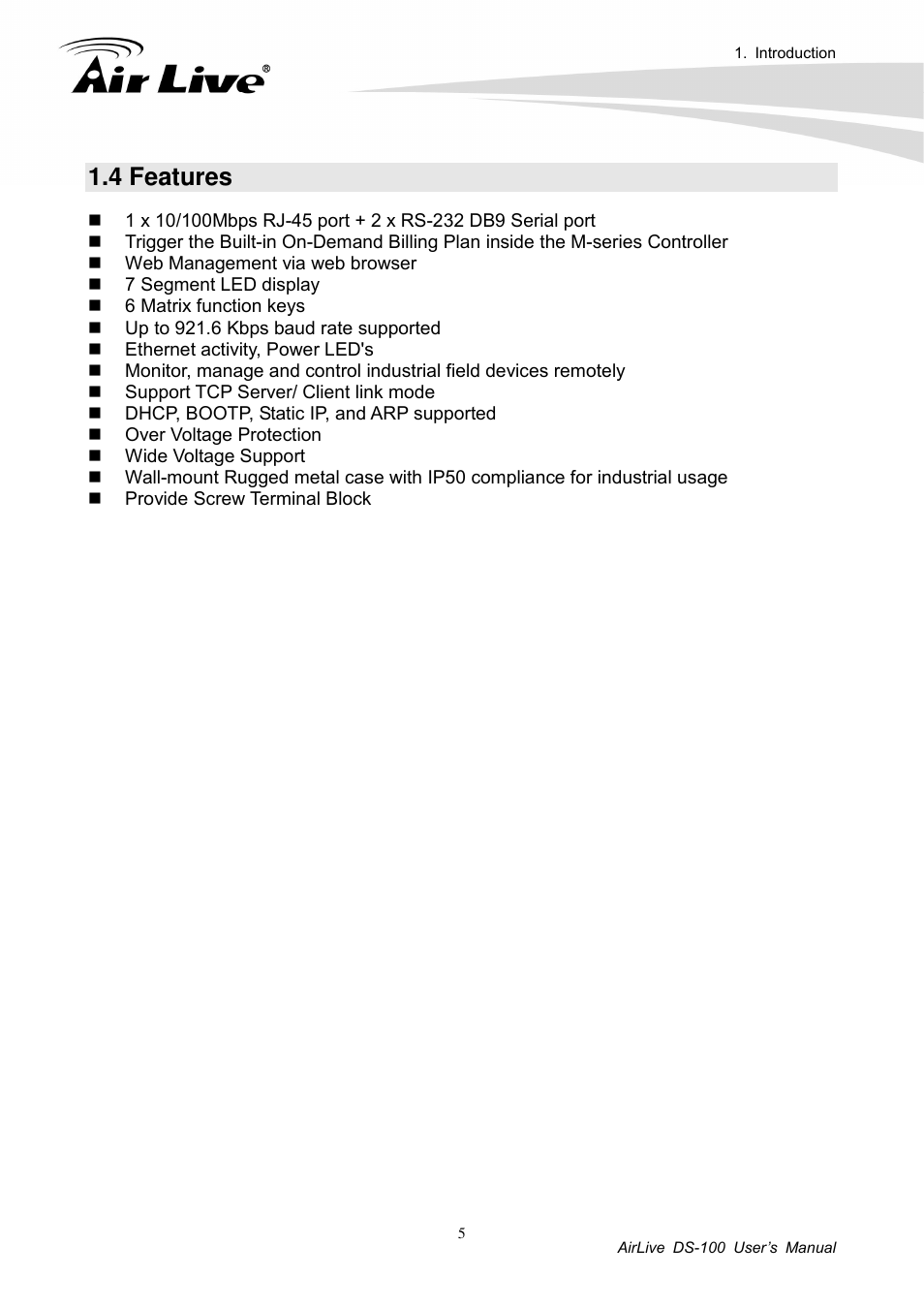 4 features | AirLive DS-100 v2 User Manual | Page 8 / 36