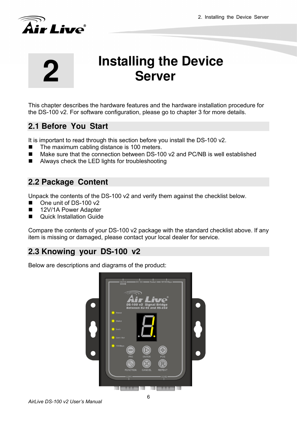 Installing the deviceserver, 1 before you start, 2 package content | 3 knowing your ds-100 v2, Installing the device server | AirLive DS-100 v2 User Manual | Page 9 / 36