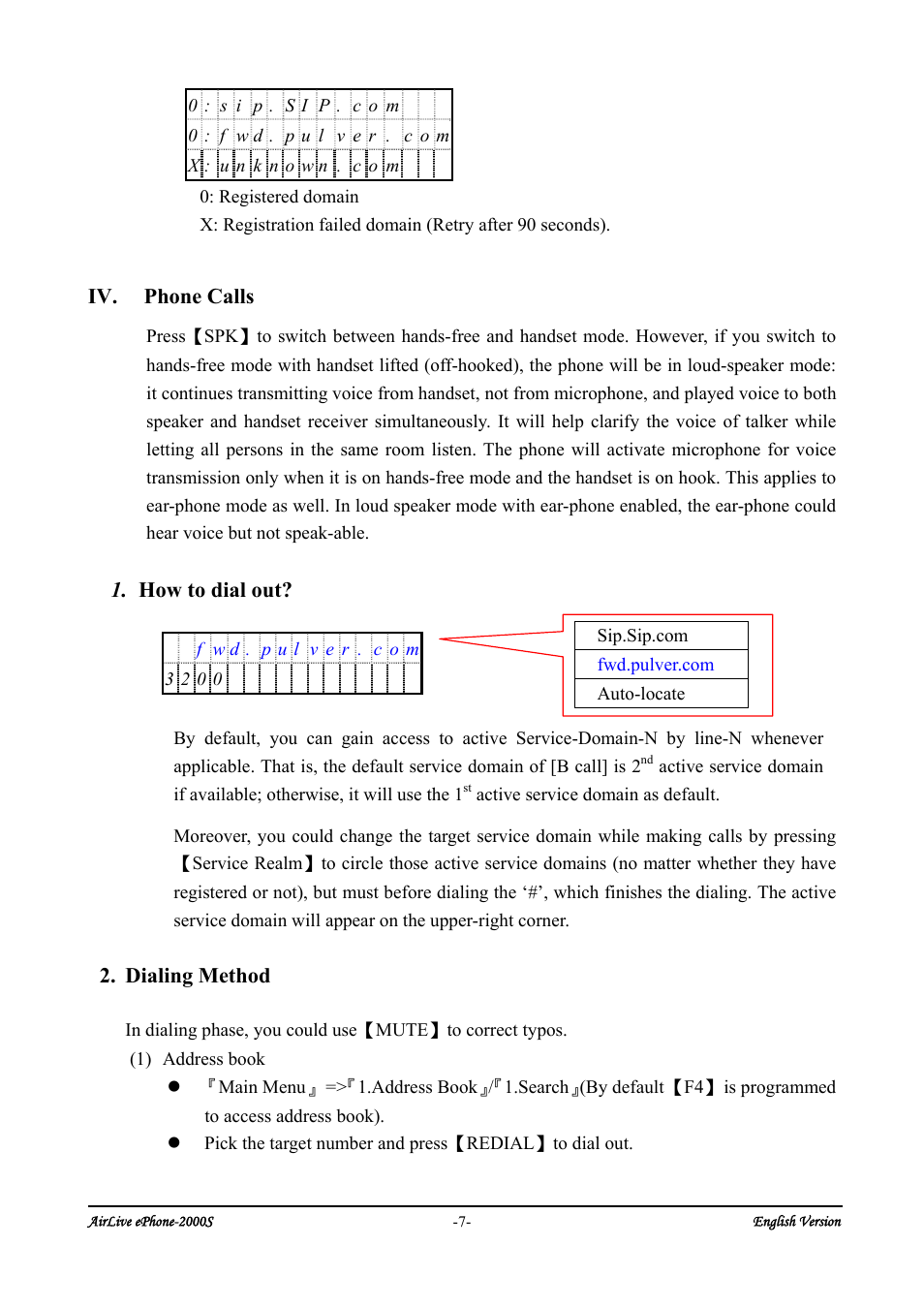 Iv. phone calls, How to dial out, Dialing method | AirLive ePhone-2000S User Manual | Page 11 / 26