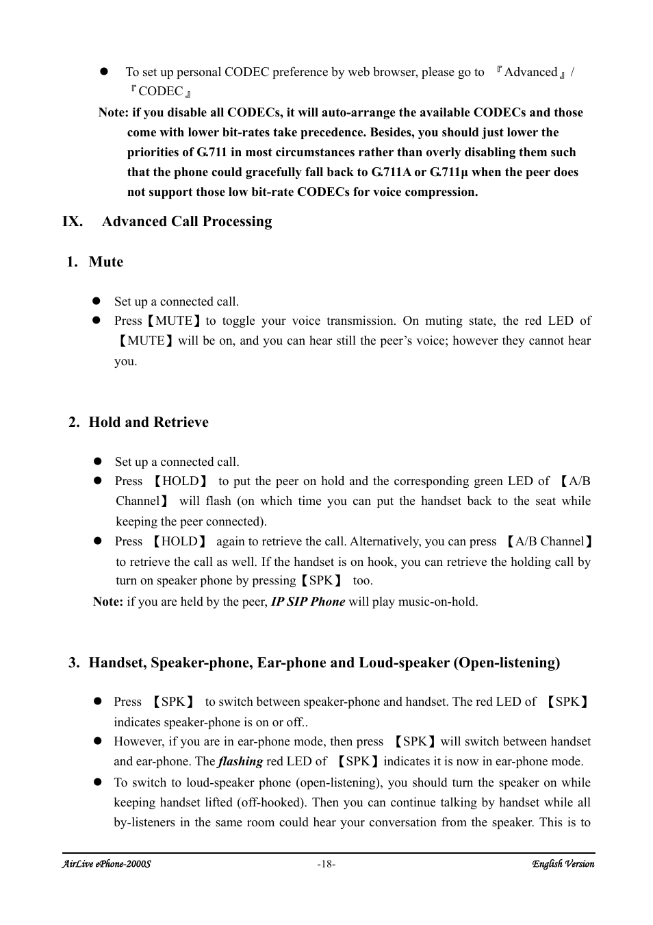Ix. advanced call processing 1. mute, Hold and retrieve | AirLive ePhone-2000S User Manual | Page 22 / 26