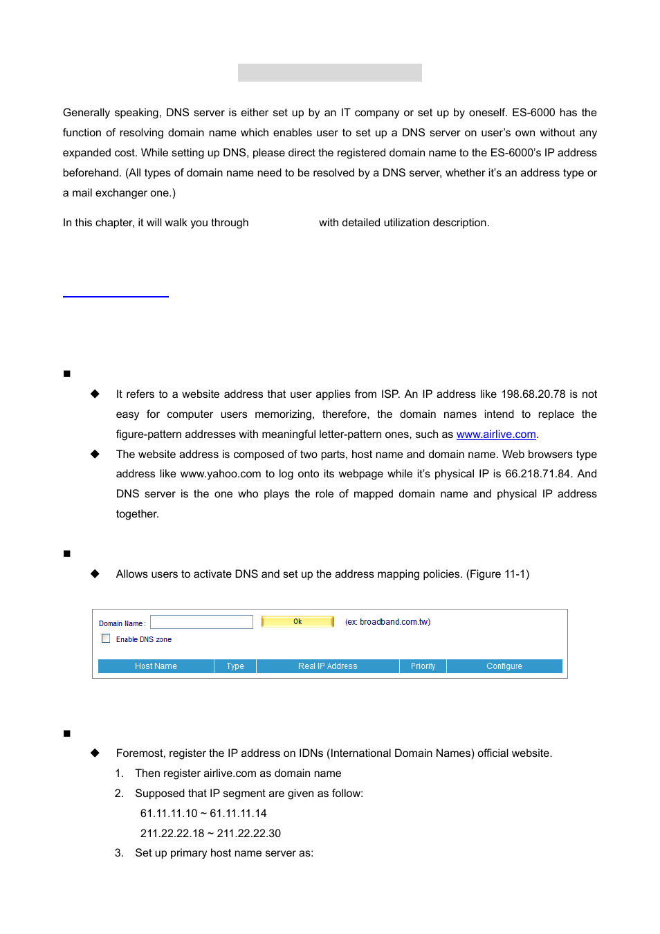 Chapter 11 dns setting, 1 dns setting | AirLive ES-6000 User Manual | Page 187 / 221