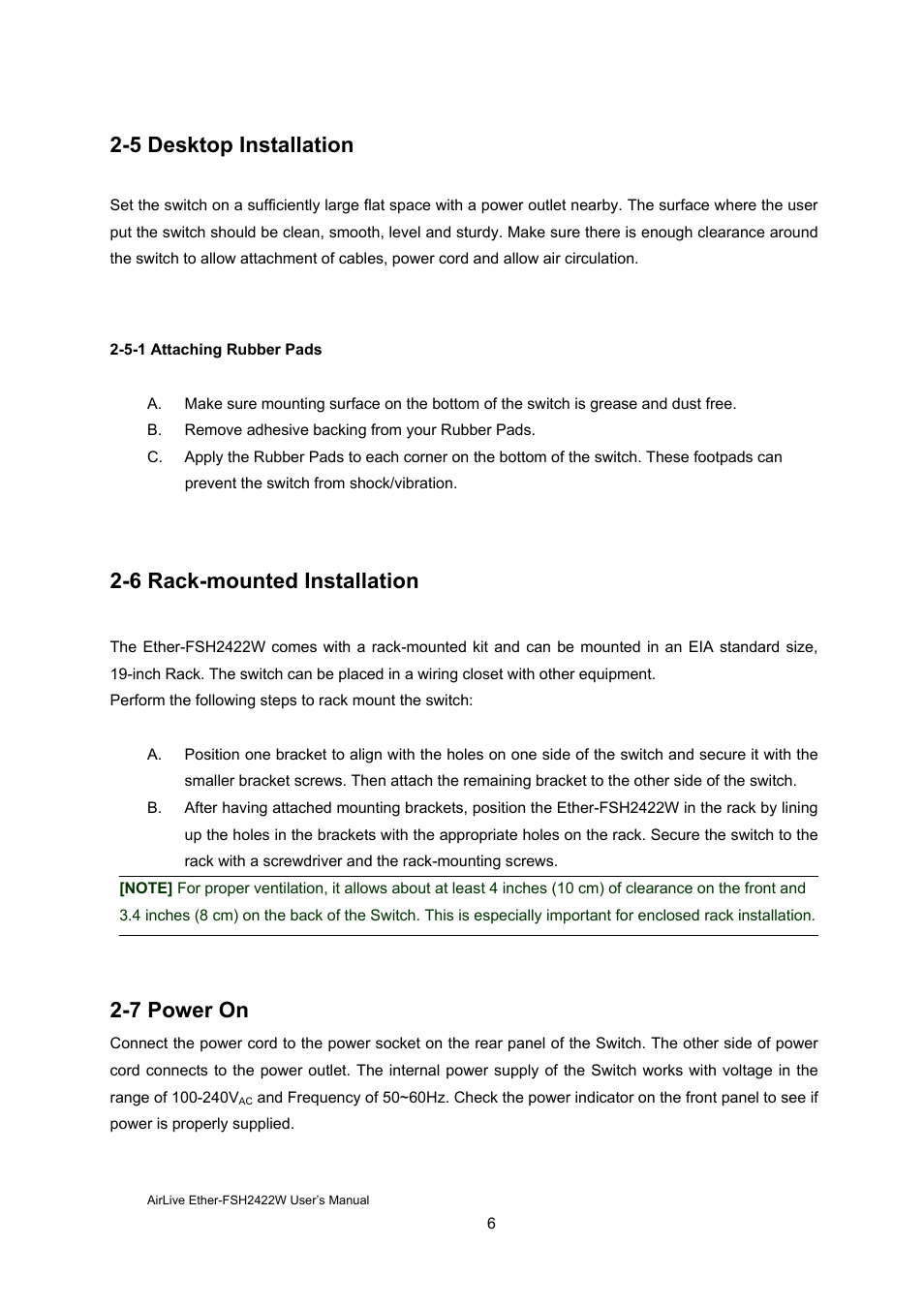 5 desktop installation, 6 rack-mounted installation, 7 power on | AirLive Ether-FSH2422W User Manual | Page 12 / 55