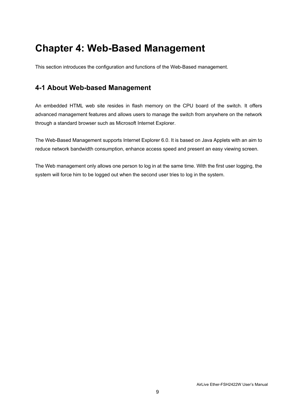 Chapter 4: web-based management, 1 about web-based management | AirLive Ether-FSH2422W User Manual | Page 15 / 55