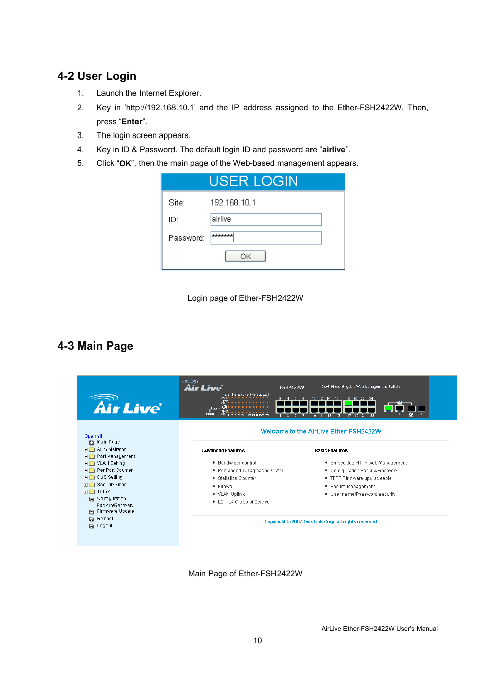 2 user login, 3 main page | AirLive Ether-FSH2422W User Manual | Page 16 / 55