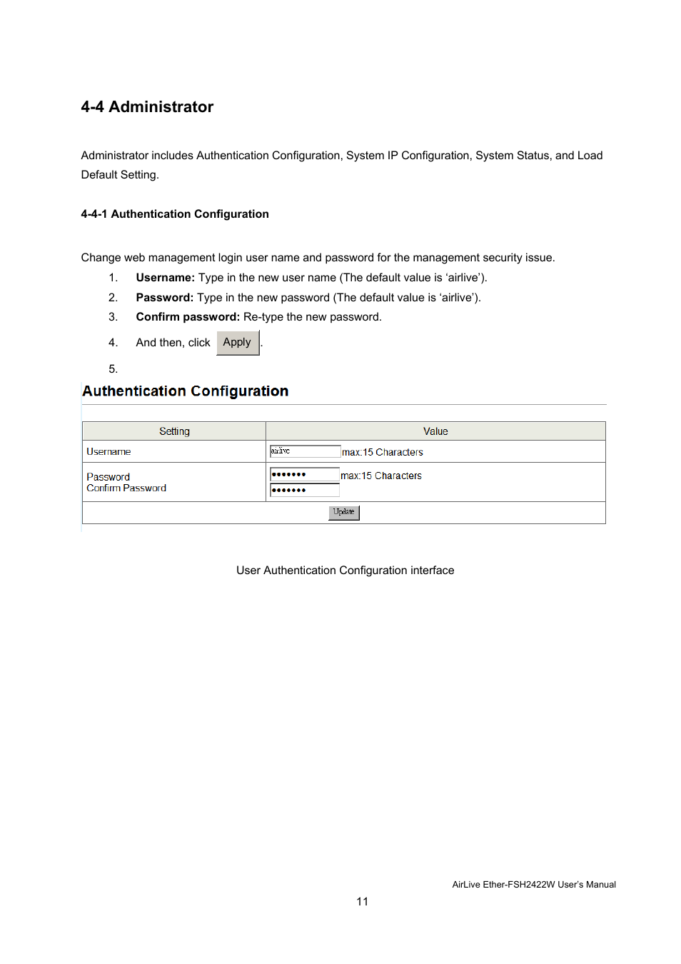 4 administrator | AirLive Ether-FSH2422W User Manual | Page 17 / 55