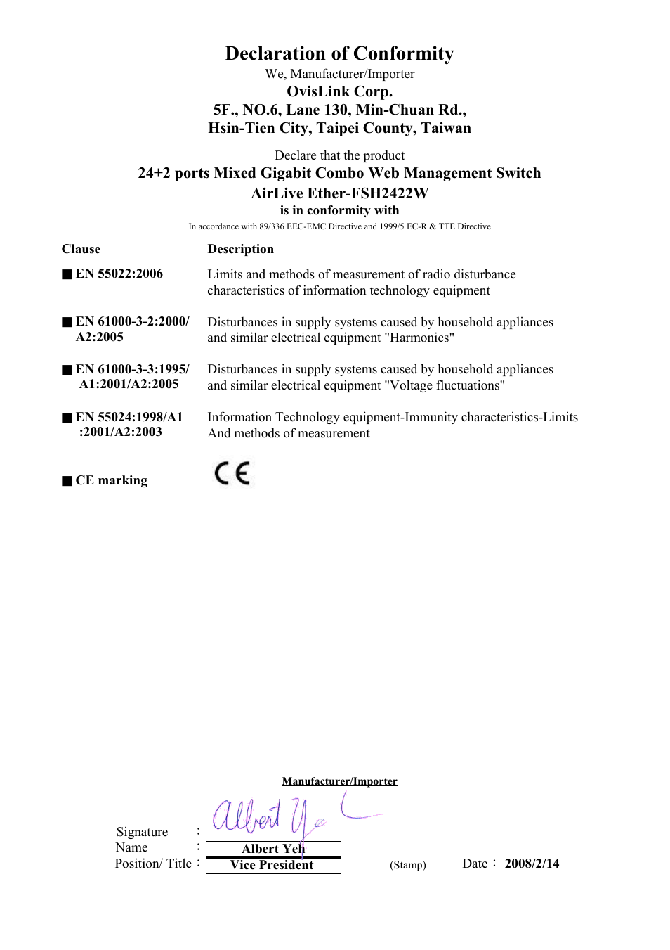 Sheet1, Declaration of conformity | AirLive Ether-FSH2422W User Manual | Page 2 / 55