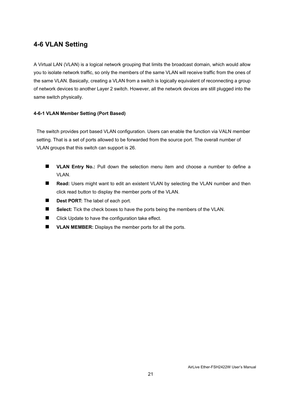 6 vlan setting | AirLive Ether-FSH2422W User Manual | Page 27 / 55