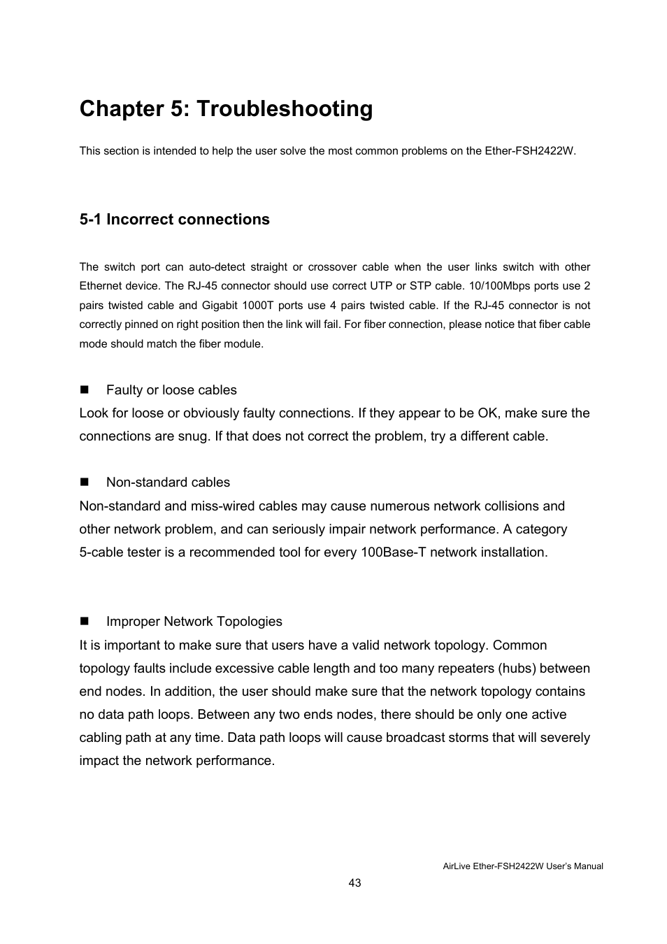 Chapter 5: troubleshooting | AirLive Ether-FSH2422W User Manual | Page 49 / 55