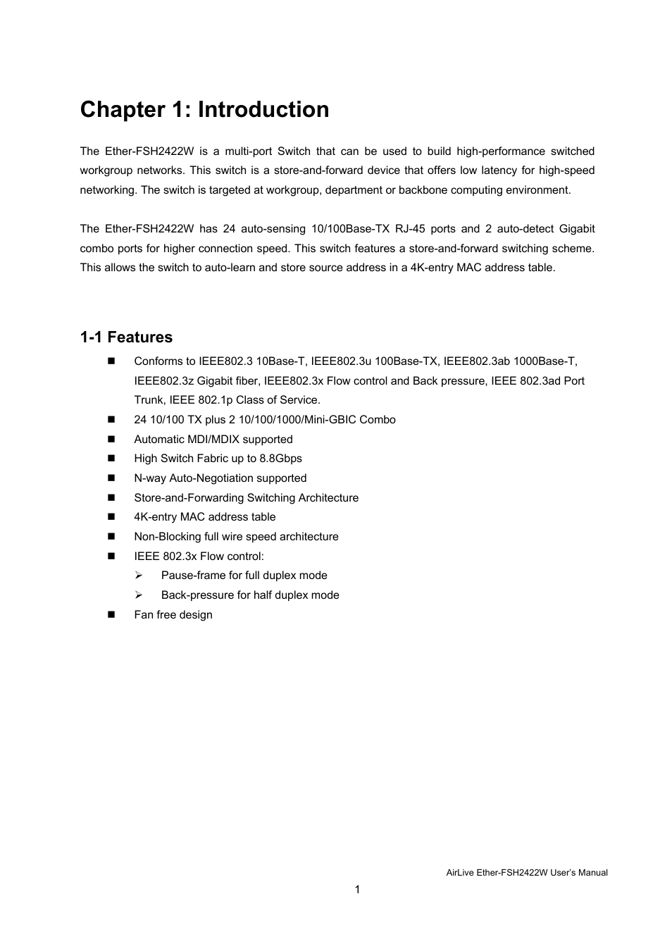Chapter 1: introduction, 1 features | AirLive Ether-FSH2422W User Manual | Page 7 / 55