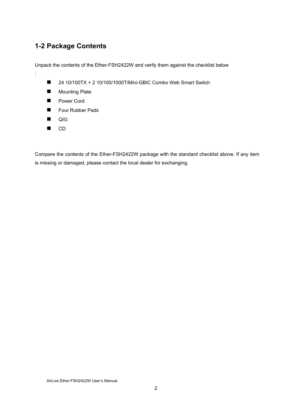 2 package contents | AirLive Ether-FSH2422W User Manual | Page 8 / 55