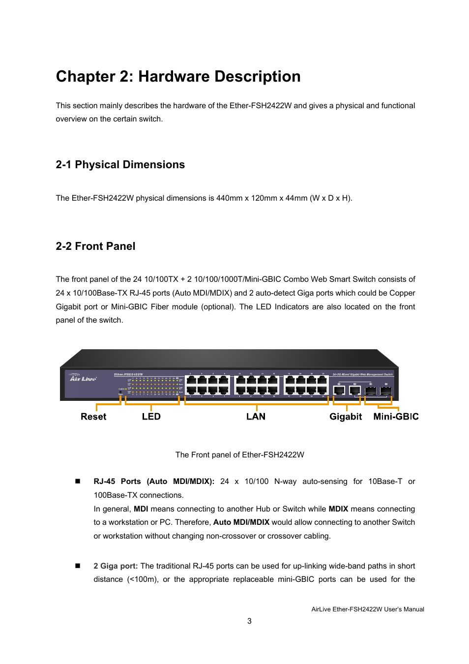 Chapter 2: hardware description, 1 physical dimensions, 2 front panel | AirLive Ether-FSH2422W User Manual | Page 9 / 55