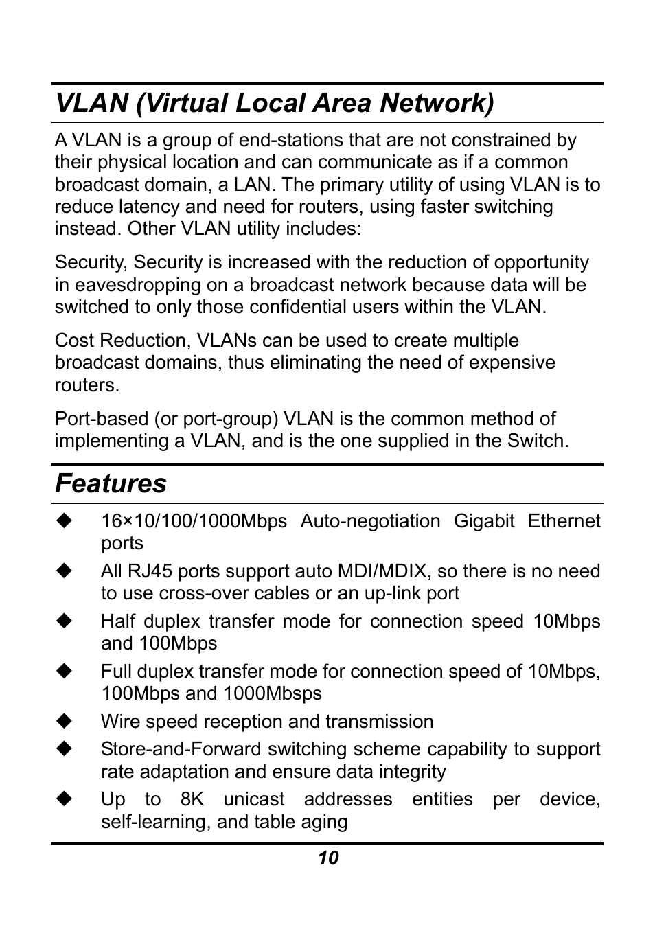 Vlan (virtual local area network), Features | AirLive Ether-GSH16TW User Manual | Page 10 / 42