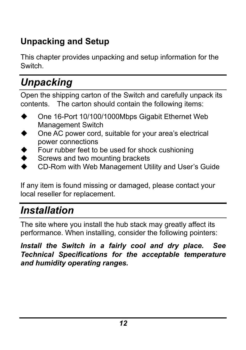 Unpacking, Installation, Unpacking and setup | AirLive Ether-GSH16TW User Manual | Page 12 / 42