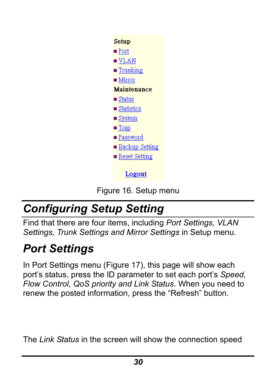 Configuring setup setting, Port settings | AirLive Ether-GSH16TW User Manual | Page 30 / 42