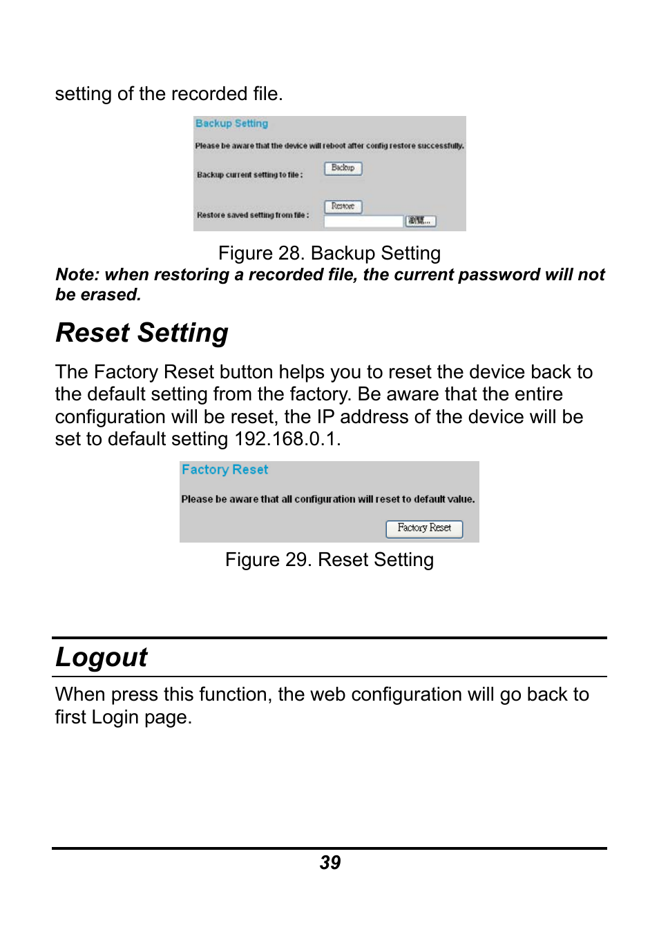 Reset setting, Logout | AirLive Ether-GSH16TW User Manual | Page 39 / 42