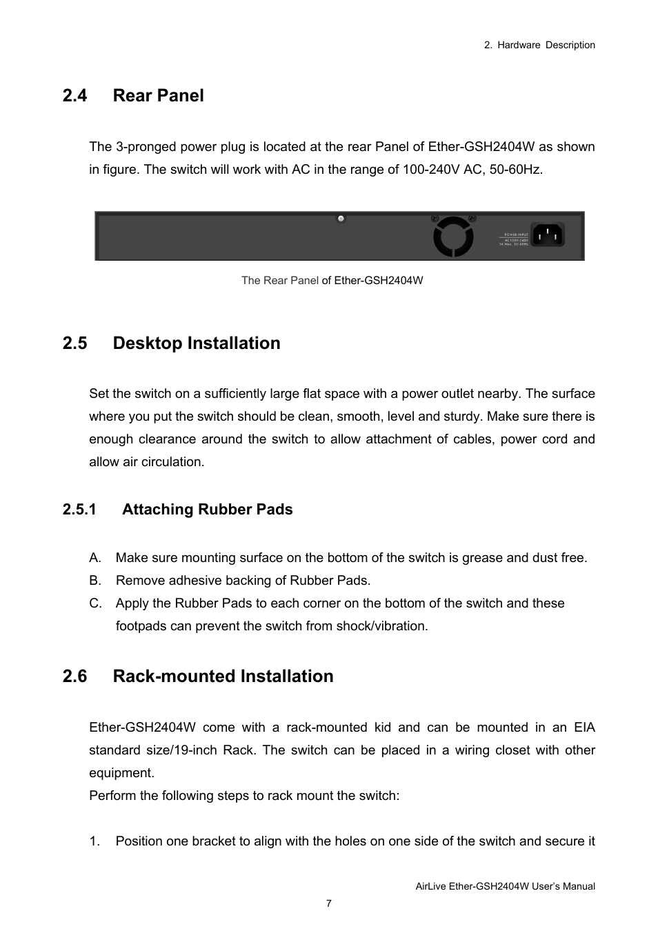 4 rear panel, 5 desktop installation, 6 rack-mounted installation | AirLive Ether-GSH2404W User Manual | Page 10 / 50