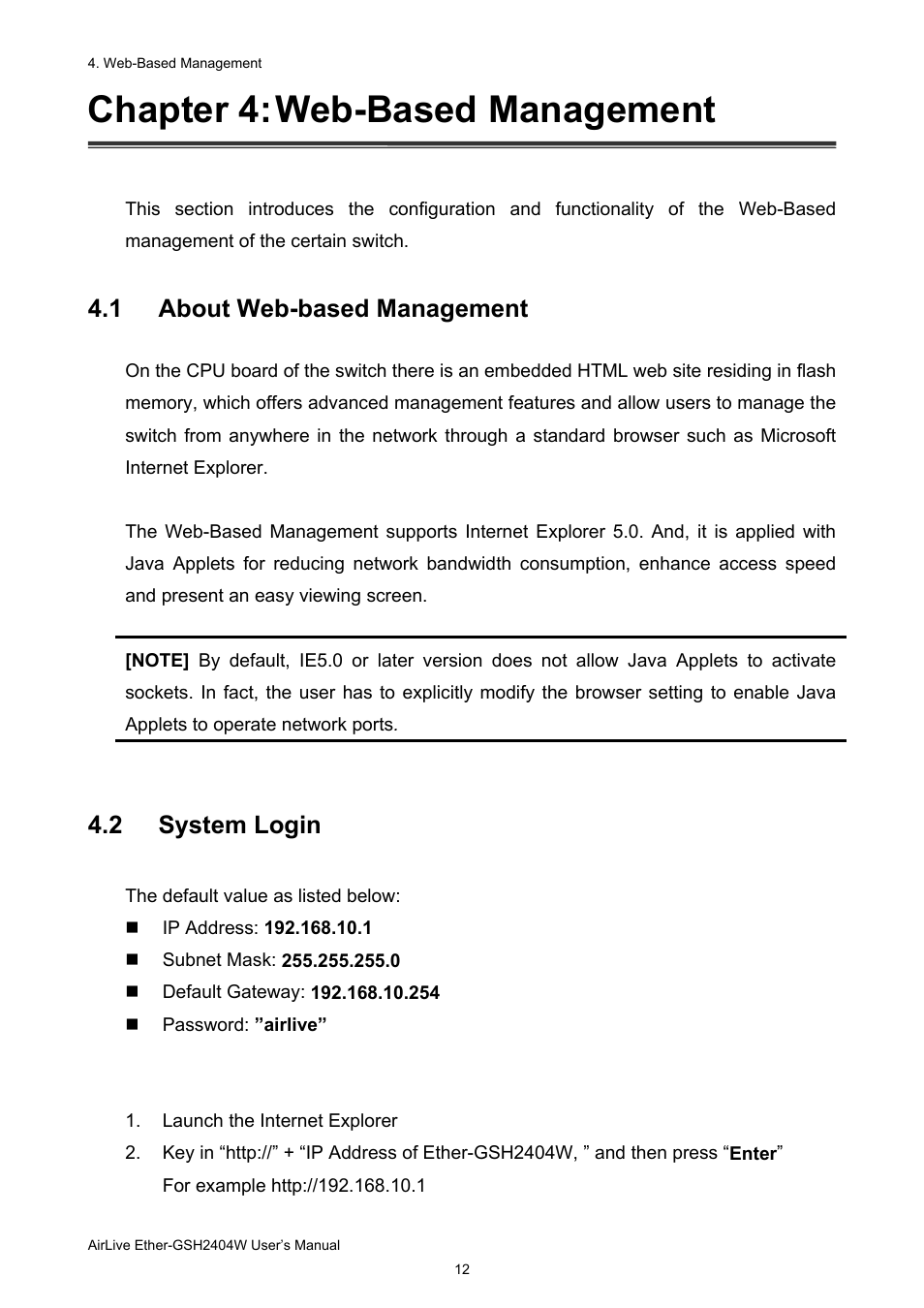 Chapter 4: web-based management, 1 about web-based management, 2 system login | AirLive Ether-GSH2404W User Manual | Page 15 / 50