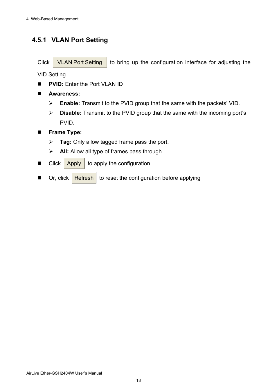 1 vlan port setting | AirLive Ether-GSH2404W User Manual | Page 21 / 50